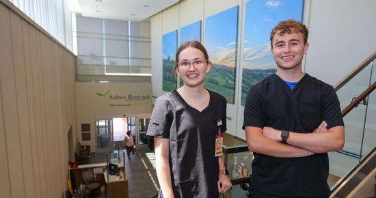 UNK students Alexys Hurt and Brodie Mitchell gained firsthand experience in rural health care through the Rural Immersion Program. They shadowed professionals at Sidney Regional Medical Center and spent five days in the western Nebraska community. (Photo by Erika Pritchard, UNK Communications)