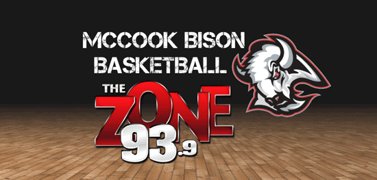 Basketball court floor in the background with the words McCook Bison Basketball on the top and the bison mascot below and to the right with the Zone 93.3 log on the left.