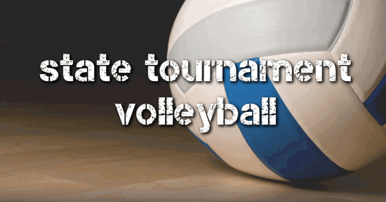 Volleyball in the background with the words State Tournament Volleyball overlaid.