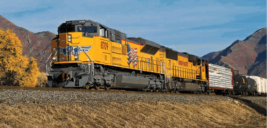 Union Pacific Train going down the tracks.