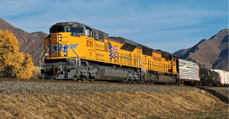 Union Pacific Train going down the tracks.