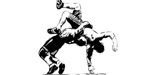 Drawing of to wreslers in a take down.